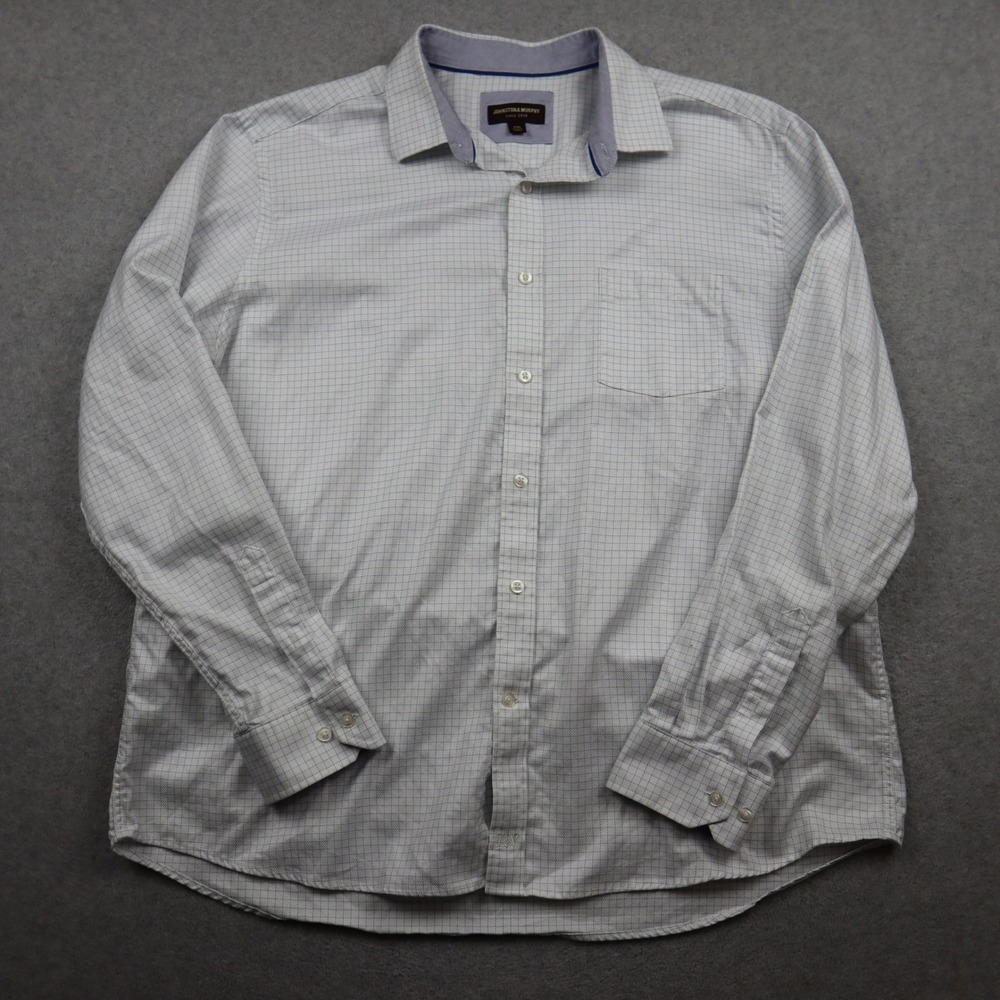 Johnston & Murphy Button Down Shirt Mens XXL White Blue Grid Cotton Long Sleeve